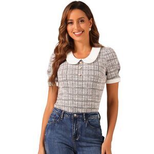 Tweed Top Button Decor Peter Pan Collar Blouse Purple